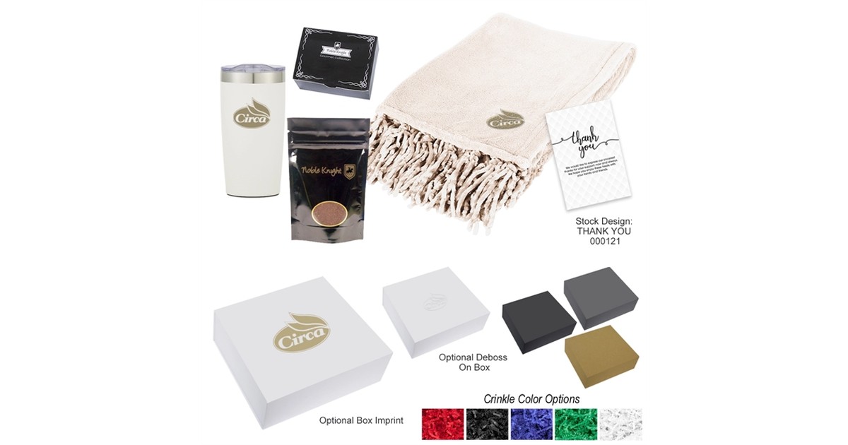 Branded holiday gift set with a white insulated tumbler, fringed throw blanket, coffee pouch, thank-you card and logo gift box