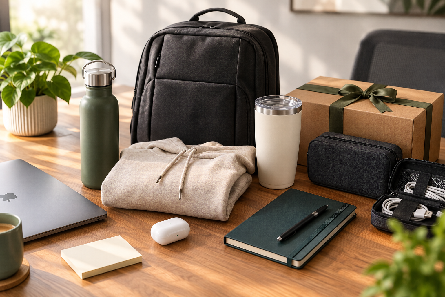 Practical corporate gift ideas arranged on a wooden desk, including a backpack, insulated water bottle, tumbler, hoodie, notebook, tech accessories, and a gift box.