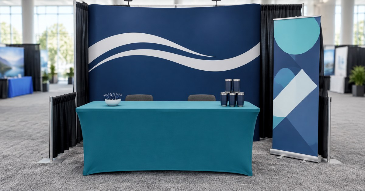 A 10x10 trade show booth with a curved navy fabric backwall, a teal fitted table cover, a retractable banner stand and stacked tumblers