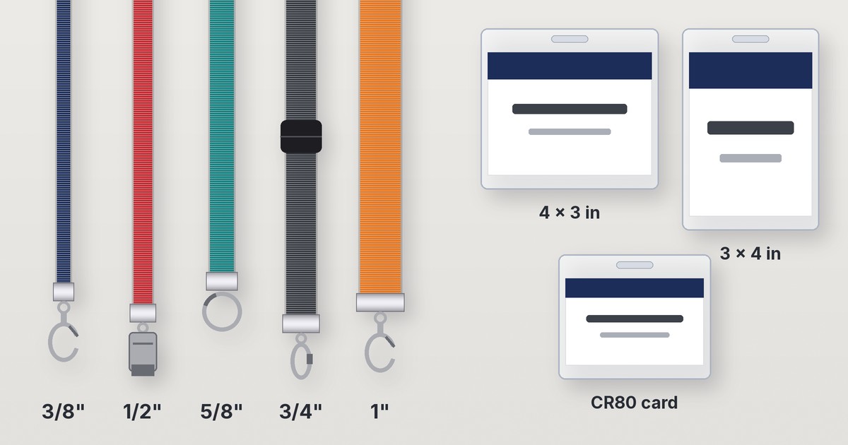 Five lanyards from 3/8 inch to 1 inch wide with different clips, next to 4 x 3, 3 x 4 and credit card size badge holders