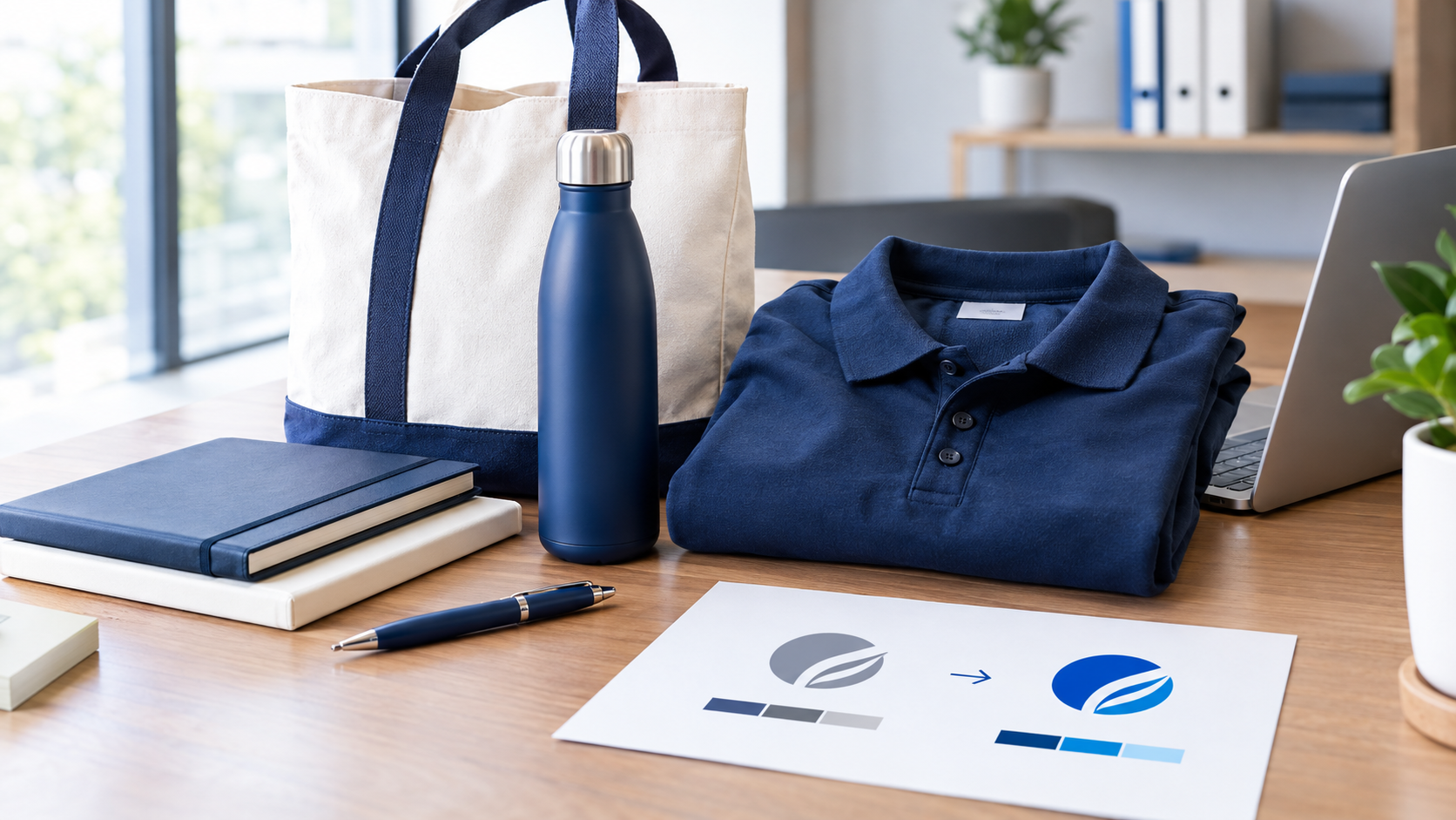 Corporate promotional merchandise including notebooks, a tote bag, reusable water bottle, pen, and branded apparel arranged on a desk alongside an updated logo and color palette to represent a company rebrand.