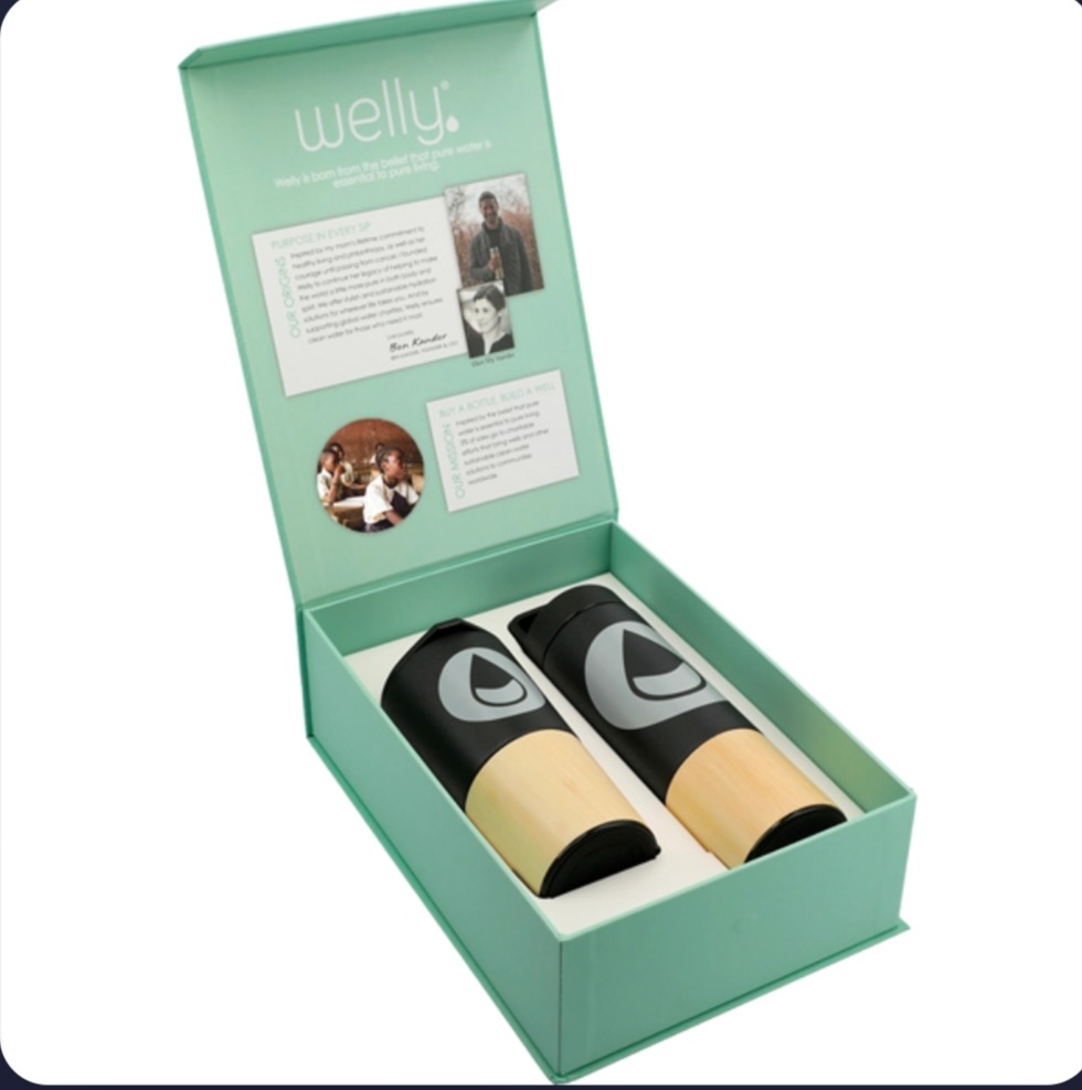 Welly® Tumbler & Traveler Bundle Set featuring two insulated stainless steel drinkware pieces with bamboo accents in a coordinated gift box, ideal for custom corporate gifts and branded merchandise.