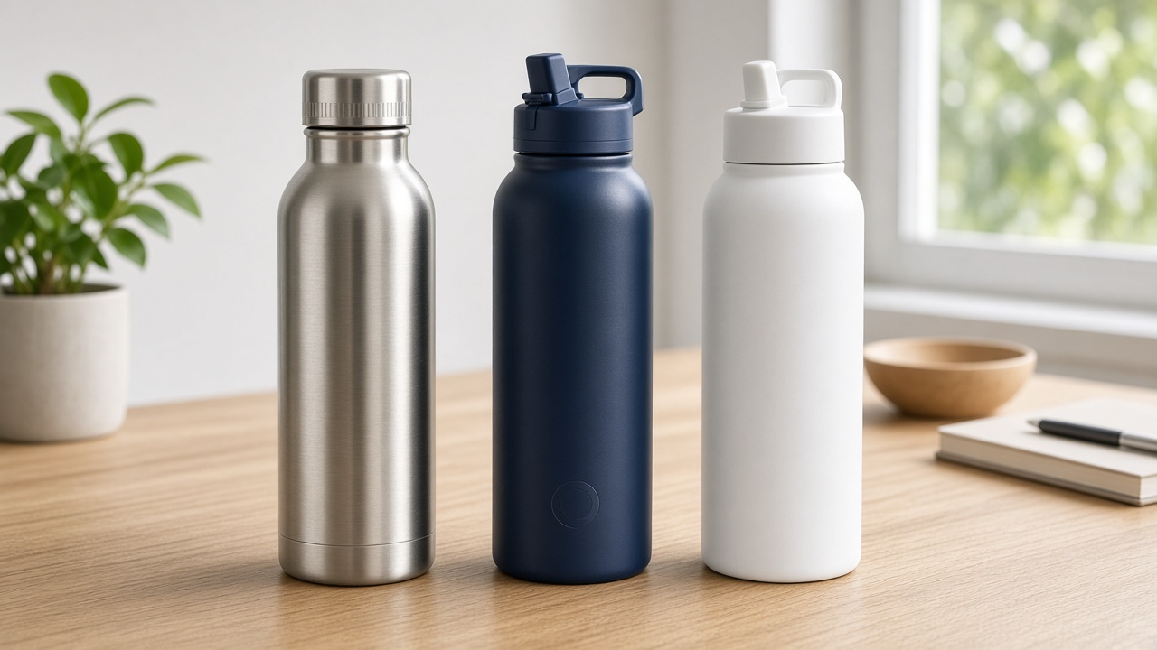 Custom metal stainless steel water bottles with laser engraved logo and different lids on a desk