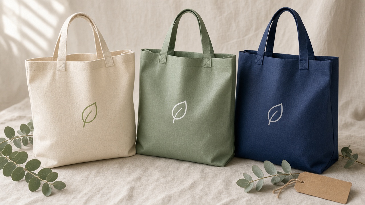 Eco-friendly tote bags compared: cream canvas, sage recycled PET and navy non-woven totes